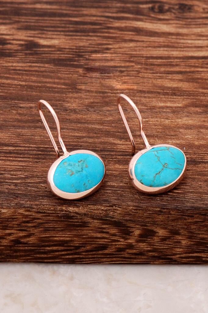 Doğal Turkuaz Taşlı Rose Gümüş Küpe 4540