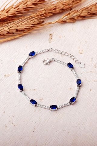 2 Farklı Renk Seçenekli Oval Taşlı Su Yolu Rodyumlu 925 Ayar Gümüş Bileklik 4912