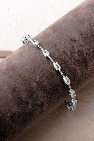 2 Farklı Renk Seçenekli Oval Taşlı Su Yolu Rodyumlu 925 Ayar Gümüş Bileklik 4912