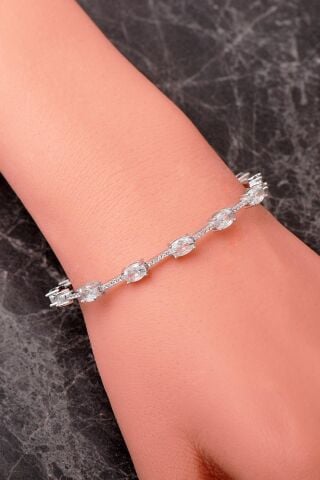 2 Farklı Renk Seçenekli Oval Taşlı Su Yolu Rodyumlu 925 Ayar Gümüş Bileklik 4912