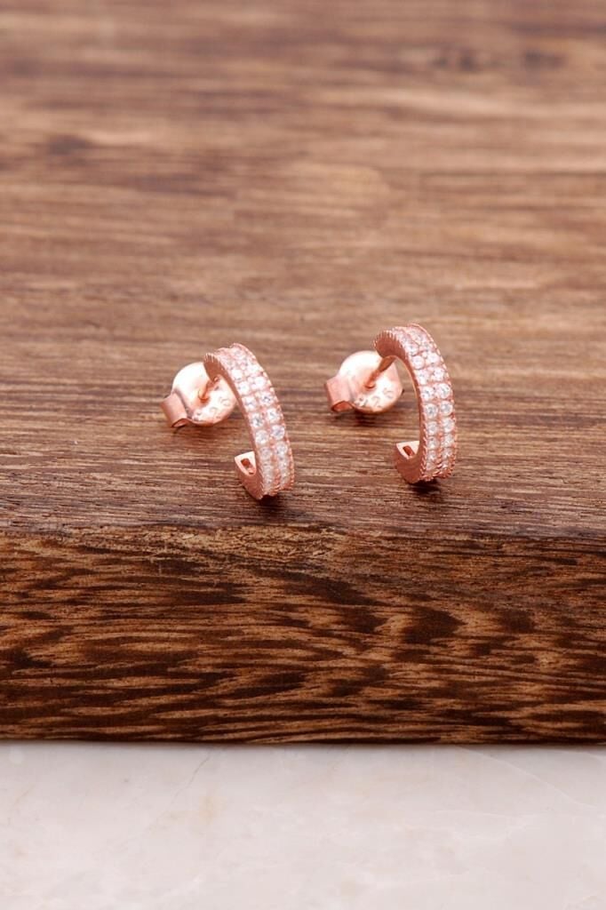 Rose Gümüş Taşlı Mini Halka Küpe 3738