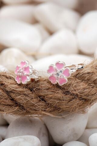 Çiçek Pembe Mineli Gümüş Çocuk Küpe 5565