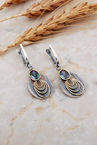 Mistik Topaz Taşlı Halkalı Çekiç Dövme Elişi Gümüş Küpe 7231