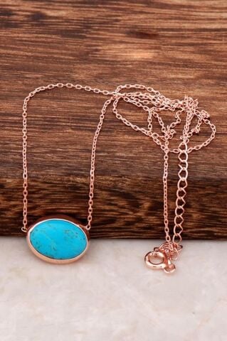 Turkuaz Taşlı Rose Gümüş Kolye 6478