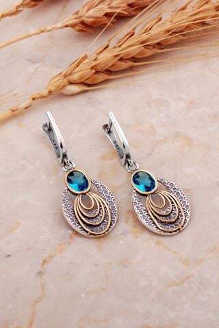 Akuamarin Taşlı Halkalı Çekiç Dövme Elişi Gümüş Küpe 7235