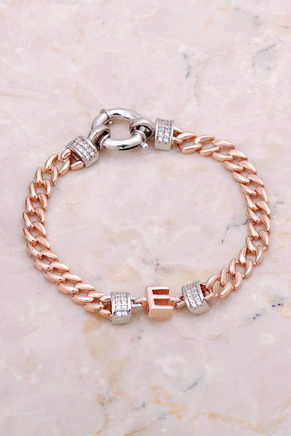 E Harfi Gurmet Rose Gümüş Bileklik 4266