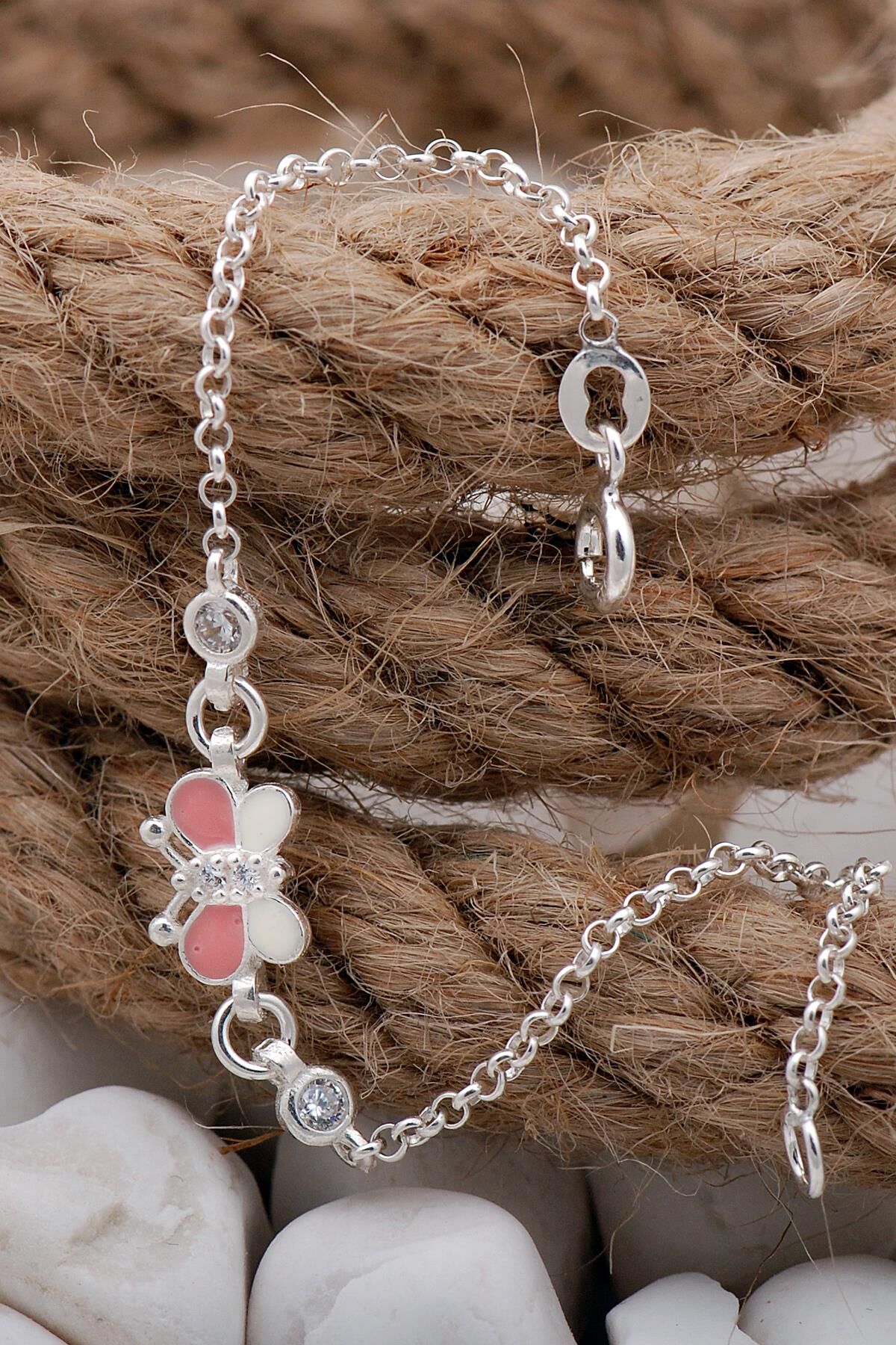 Kelebek Pembe Mineli Gümüş Çocuk Bileklik 3838