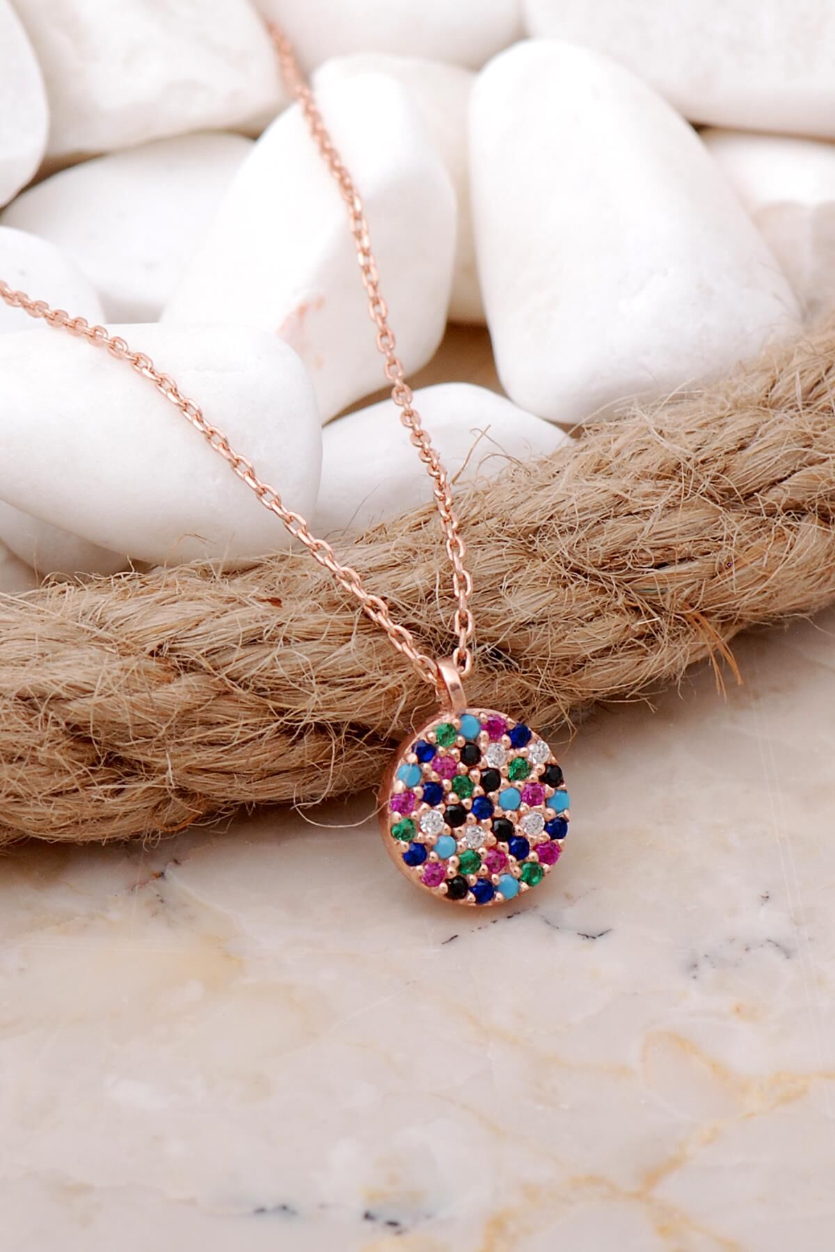 Mix Taşlı Rose Gümüş Mini Kolye 6481