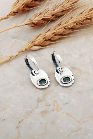 Mistik Topaz Taşlı Plaka Elişi Gümüş Halka Küpe 7238