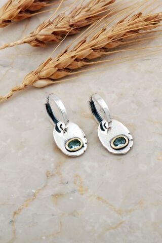 Akuamarin Taşlı Plaka Elişi Gümüş Halka Küpe 7239