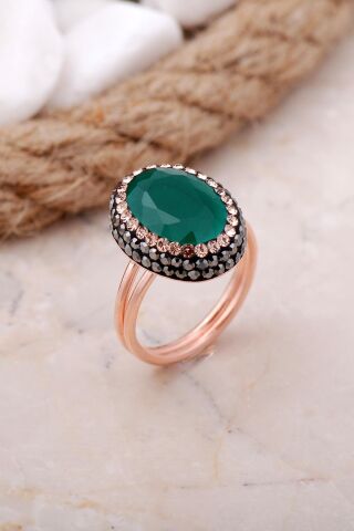 Kök Zümrüt Taşlı Rose Gümüş Yüzük 3462