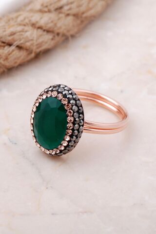 Kök Zümrüt Taşlı Rose Gümüş Yüzük 3462