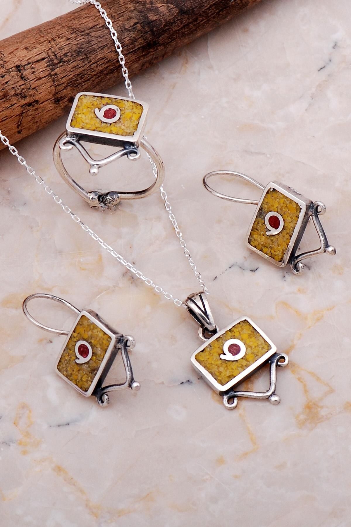 Antik Mozaik İşlemeli Sarı Kuvars Taşlı Gümüş Set 2614