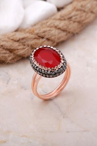 Kök Yakut Taşlı Rose Gümüş Yüzük 3463