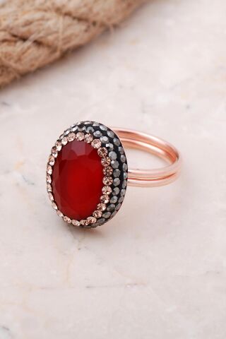 Kök Yakut Taşlı Rose Gümüş Yüzük 3463