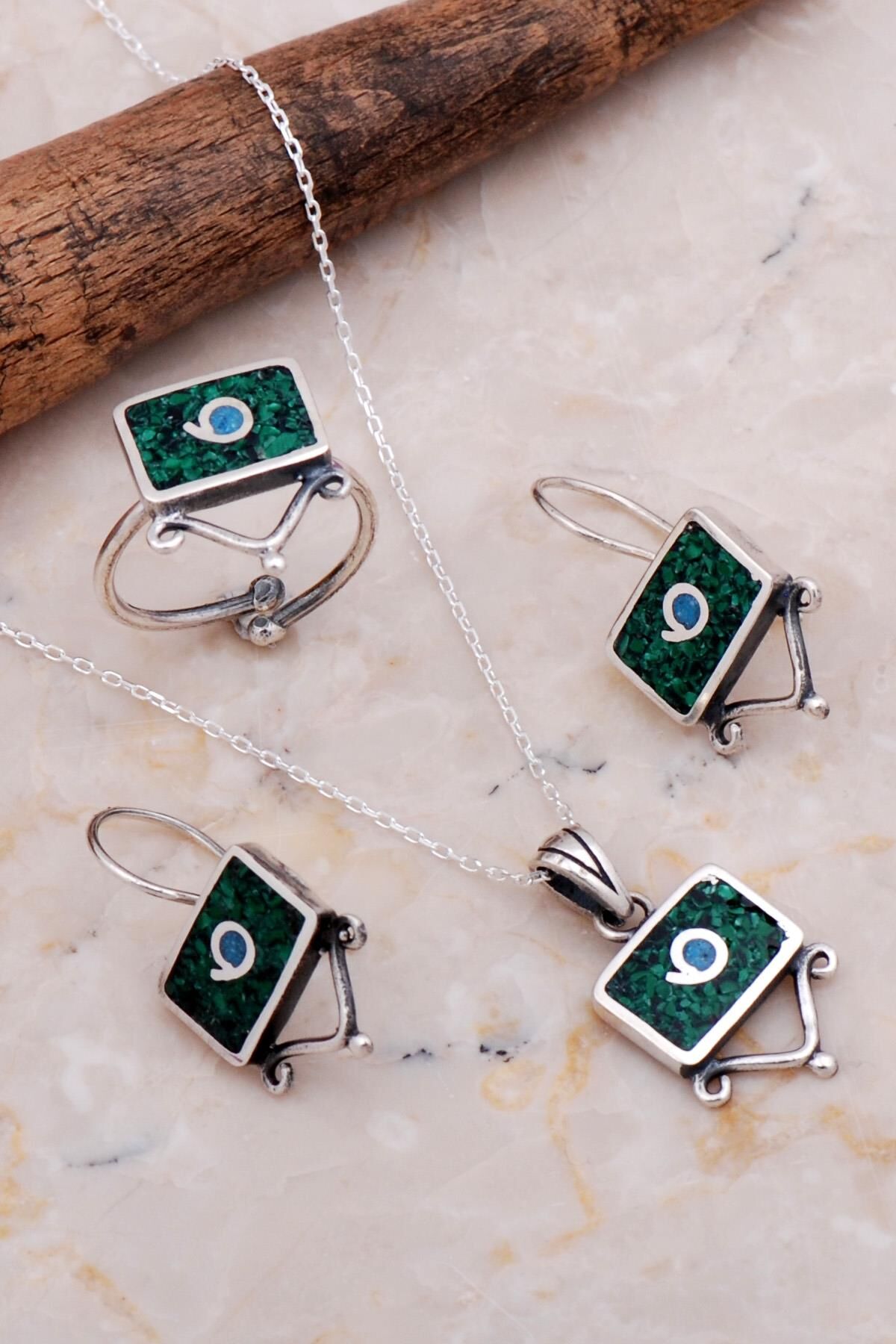 Antik Mozaik İşlemeli Malakit Taşlı Gümüş Set 2615