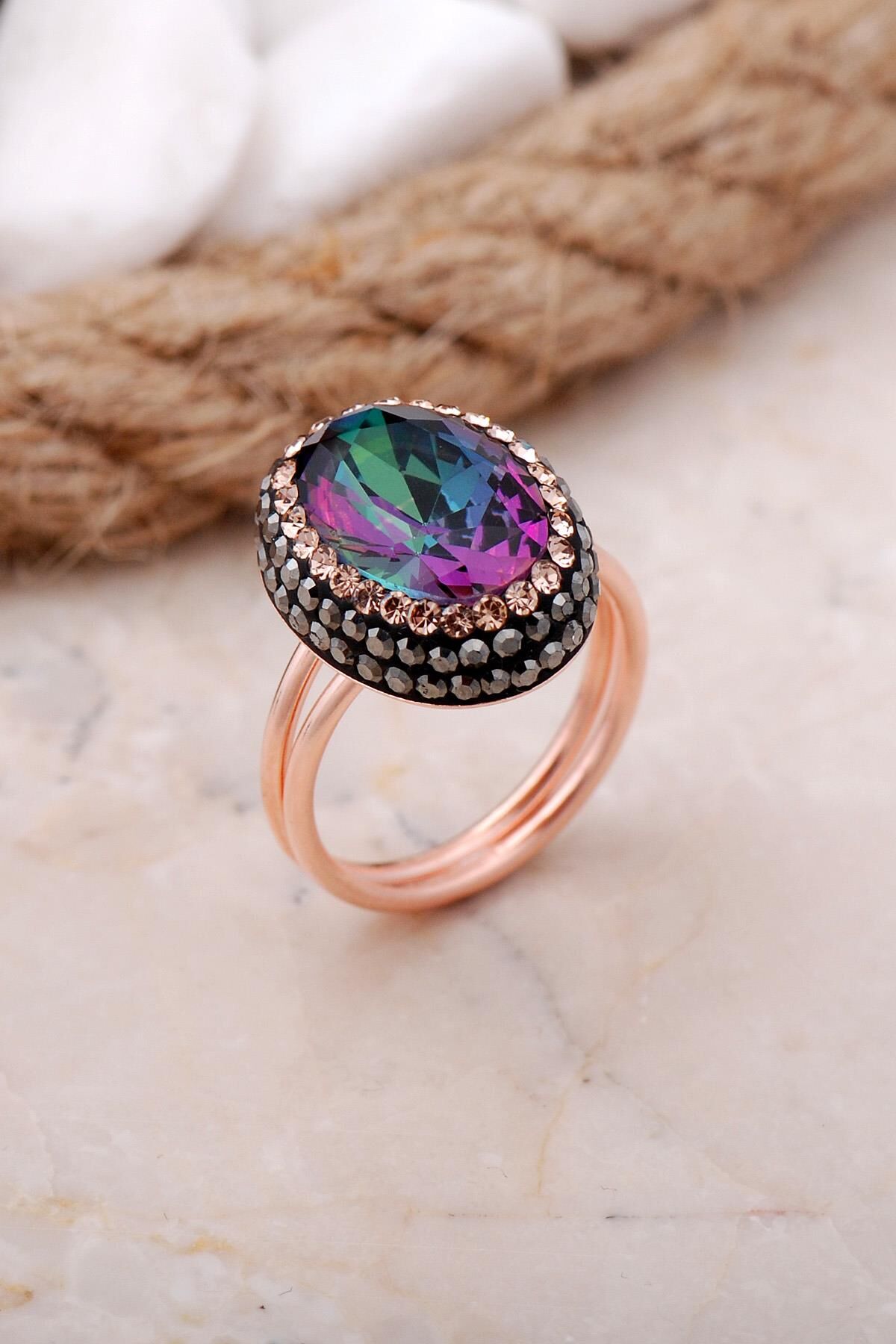 Mistik Topaz Taşlı Rose Gümüş Yüzük 3464