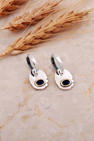 Safir Taşlı Plaka Elişi Gümüş Halka Küpe 7242