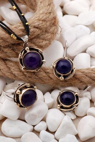 Ametist Taşlı Elişi Gümüş Set 2326