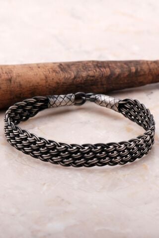 Hasır Örgü Kazaziye Gümüş Erkek Bileklik 3428