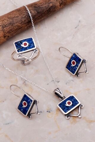 Antik Mozaik İşlemeli Lapis Lazuli Taşlı Gümüş Set 2617