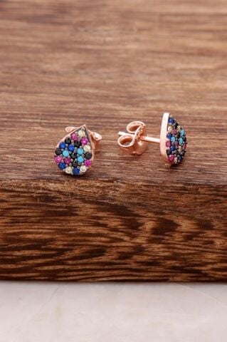 Rose Gümüş Damla Mix Taşlı Küpe 3750