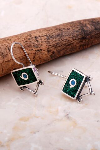 Antik Mozaik İşlemeli Malakit Taşlı Gümüş Küpe 6057