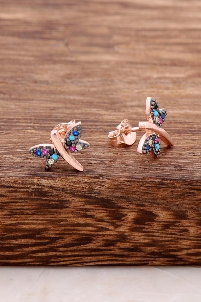 Yusufçuk Tasarımlı Mix Taşlı Rose Gümüş Küpe 3751