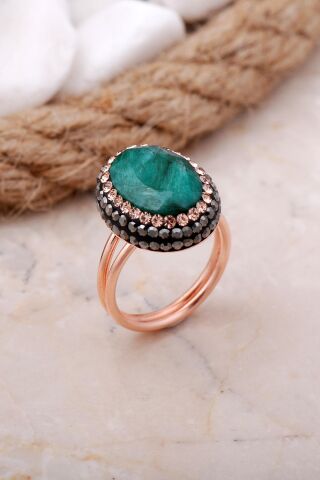 Kök Zümrüt Taşlı Rose Gümüş Yüzük 3468