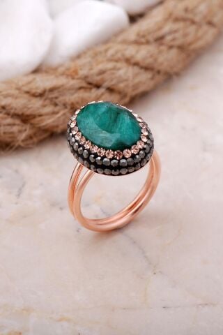 Kök Zümrüt Taşlı Rose Gümüş Yüzük 3468