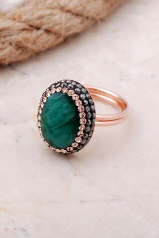 Kök Zümrüt Taşlı Rose Gümüş Yüzük 3468