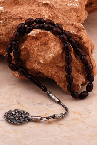 Usta İşi Sürmeli Ateş Kehribarı Kazaziye İşlemeli Gümüş Tesbih 354