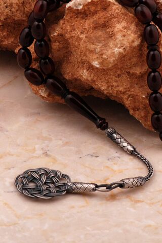 Usta İşi Sürmeli Ateş Kehribarı Kazaziye İşlemeli Gümüş Tesbih 354