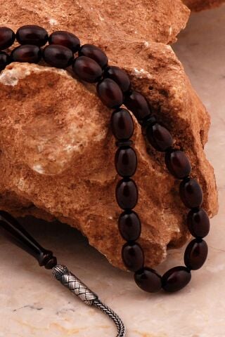 Usta İşi Sürmeli Ateş Kehribarı Kazaziye İşlemeli Gümüş Tesbih 354