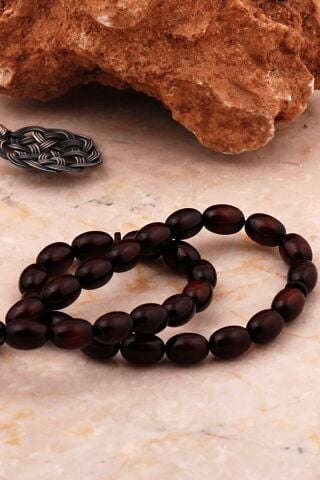 Usta İşi Sürmeli Ateş Kehribarı Kazaziye İşlemeli Gümüş Tesbih 354