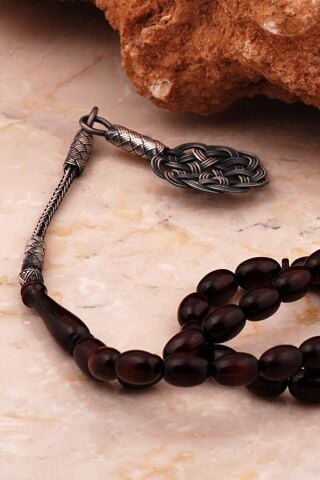 Usta İşi Sürmeli Ateş Kehribarı Kazaziye İşlemeli Gümüş Tesbih 354