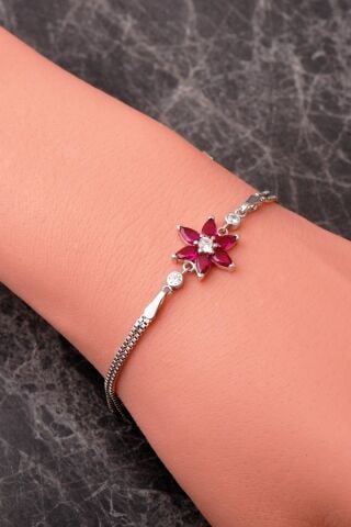 6 Farklı Renk Seçenekli Rodyumlu 925 Ayar Gümüş Lotus Bileklik 4920