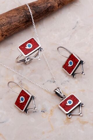 Antik Mozaik İşlemeli Mercan Taşlı Gümüş Set 2619