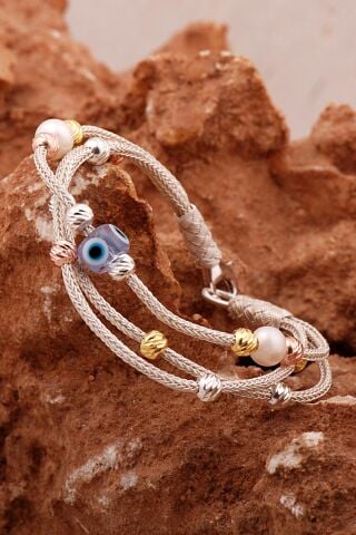 Dorika Kazaziye İşlemeli İnci ve Nazar Boncuklu 1000 Ayar Gümüş Bileklik 4594