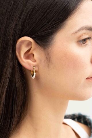 İncili Altın Yaldızlı Gümüş Yarım Halka Küpe 5568