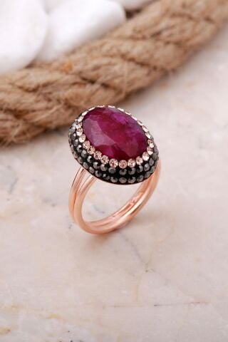 Kök Yakut Taşlı Rose Gümüş Yüzük 3469