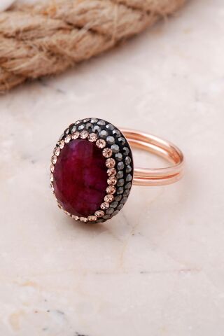 Kök Yakut Taşlı Rose Gümüş Yüzük 3469