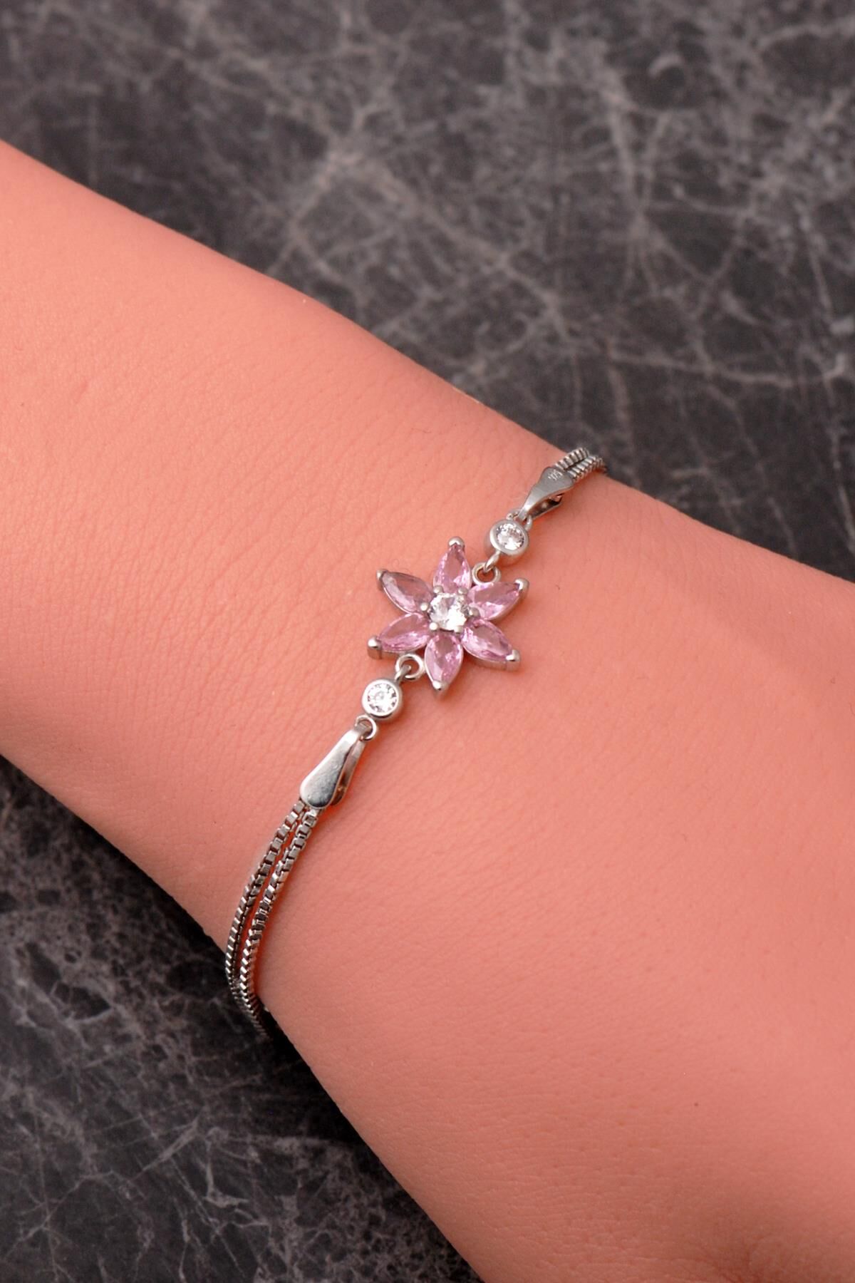 6 Farklı Renk Seçenekli Rodyumlu 925 Ayar Gümüş Lotus Bileklik 4920 Pembe Kuvars Taşı (Pembe)