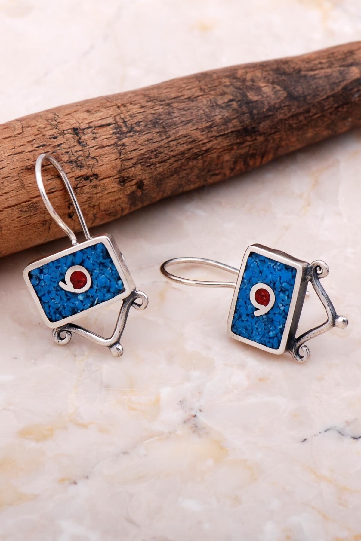 Antik Mozaik İşlemeli Turkuaz Taşlı Gümüş Küpe 6058