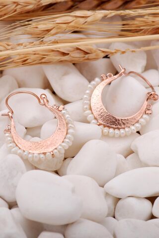 İncili Rose Gümüş Tasarım Halka Küpe 5569