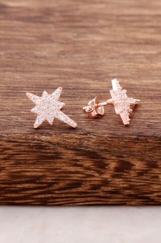 Kuzey Yıldızı Tasarımlı Rose Gümüş Küpe 3754