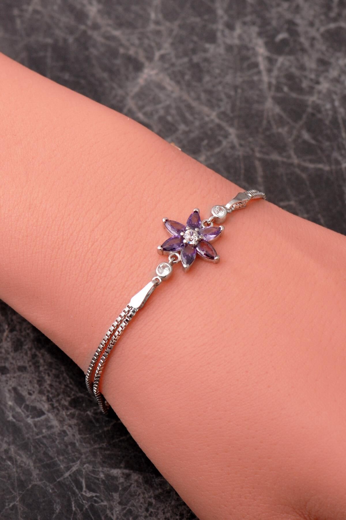 6 Farklı Renk Seçenekli Rodyumlu 925 Ayar Gümüş Lotus Bileklik 4920 Ametist Taşı (Mor)