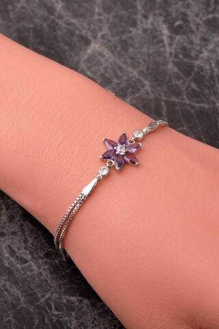 6 Farklı Renk Seçenekli Rodyumlu 925 Ayar Gümüş Lotus Bileklik 4920 Ametist Taşı (Mor)