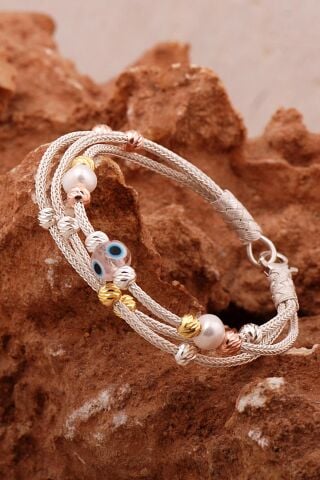 Dorika Kazaziye İşlemeli İnci ve Nazar Boncuklu 1000 Ayar Gümüş Bileklik 4596