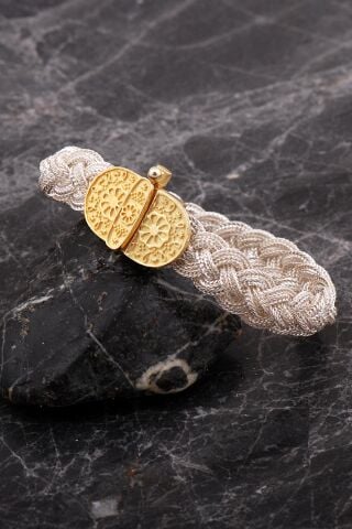 Midyat Hasırı Altın Kaplama Yöresel Motifli Örgü Gümüş Bileklik 4753